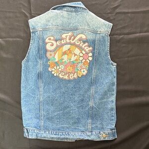 Sea World Light Blue Denim Vest with Retro Floral Back Graphic